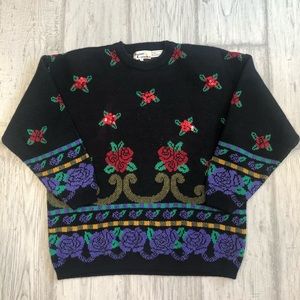 Floral sweater sequined roses vintage 80s black
